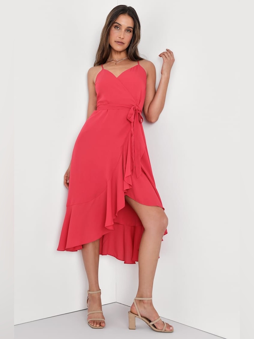 🆕(NWT) LULUs Manhattan Moment Berry Pink Ruffled Midi Wrap Dress. LARGE